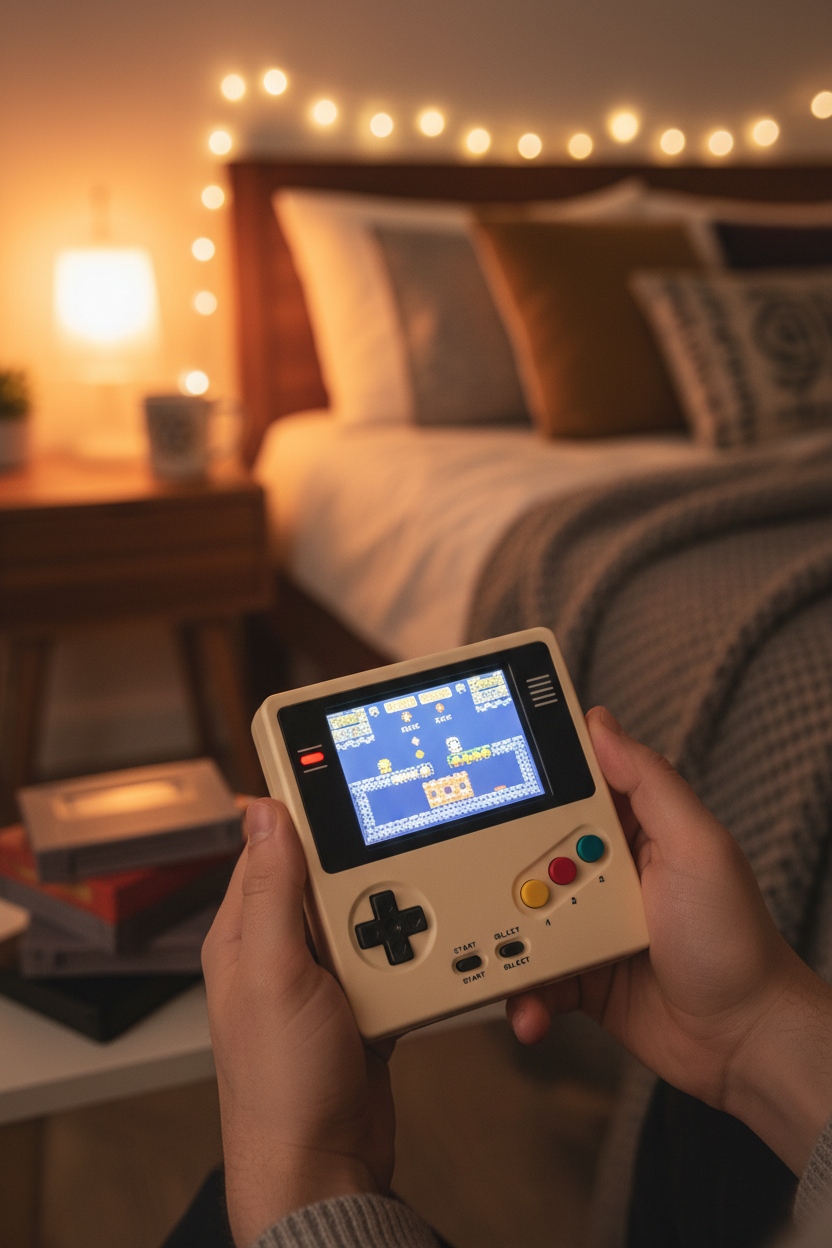 Handheld retro gaming console held in hands in a cozy bedroom setting